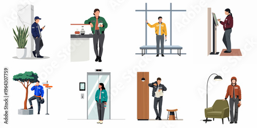 Set of flat vector illustrations featuring diverse young people in stylish bomber jackets in various everyday settings like lobbies, offices, and outdoors.