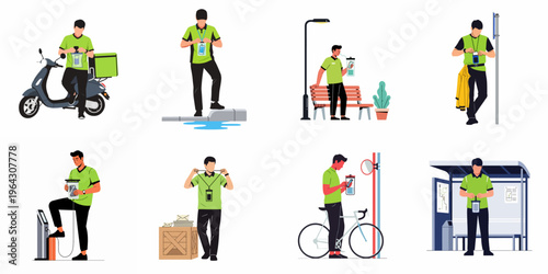 Flat vector illustration set of delivery couriers in green uniforms using smartphones in waterproof pouches across various urban locations and outdoor scenarios.