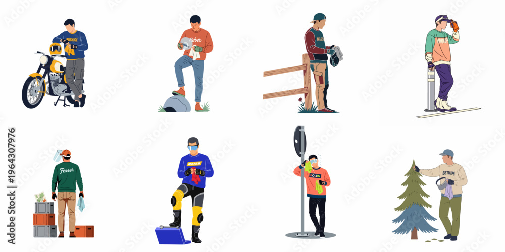 Fototapeta premium Collection of diverse flat vector illustrations depicting men engaged in manual labor, hobby maintenance, and cleaning tasks outdoors.