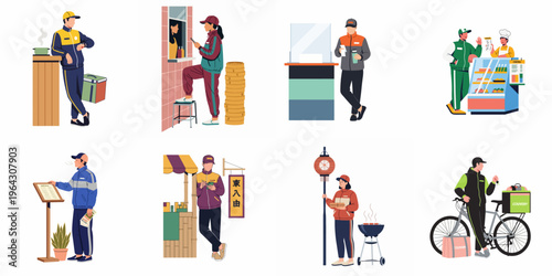 Diverse Collection of Professional Food Delivery Couriers in Various Uniforms and Settings, Waiting for Orders and Picking Up Meals for Customers.