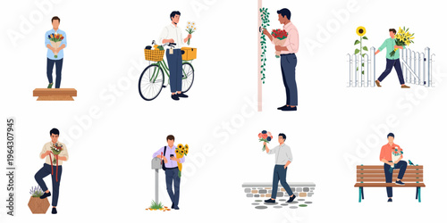 Illustrations of men with flower bouquets for romantic dates and special occasions.