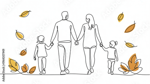 Continuous line drawing of a family holding hands walking with autumn leaves representing togetherness and seasonal change isolated on white