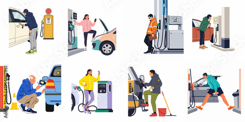 Set of flat vector illustrations featuring diverse people at a gas station, refueling cars, paying for fuel, and performing vehicle maintenance.