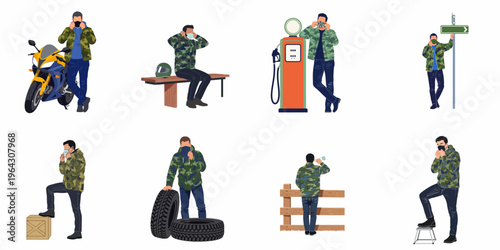 Set of flat vector illustrations of a man in camouflage clothing wearing protective face masks in various urban and outdoor environments.