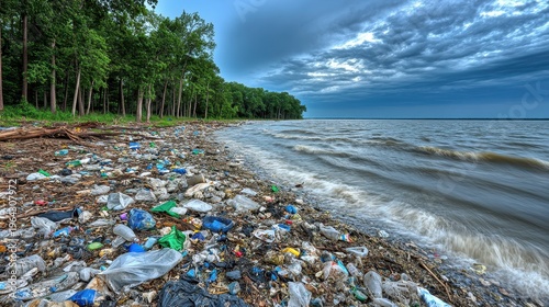 Floating plastic trash gathered near the shore of a lake after a storm with soft lighting