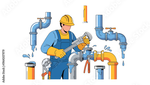 Plumber at Work: A skilled plumber wearing a safety helmet tackles a plumbing issue with precision, surrounded by various pipes and tools.