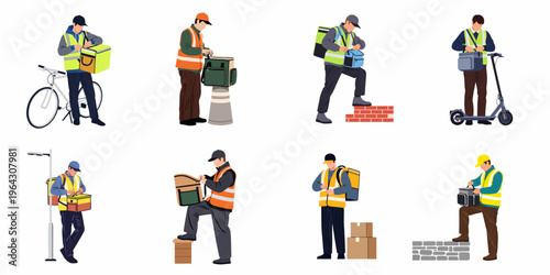 Collection of delivery courier characters in high-visibility vests with thermal bags, bicycles, and scooters, depicted in a flat vector illustration style.
