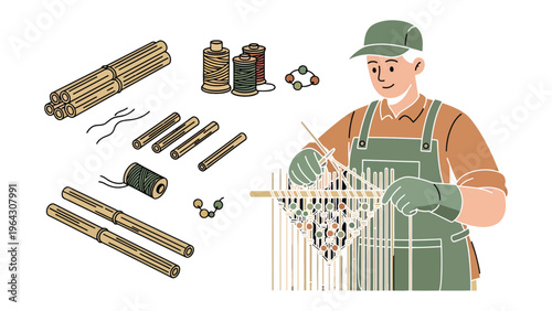Artisan at Work: An artisan meticulously weaves, surrounded by the tools of his trade, showcasing the dedication to craft and skill.