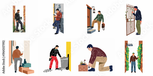 Collection of flat vector illustrations featuring a young man in various urban settings, wearing casual and stylish clothing like leather jackets and cargo pants.