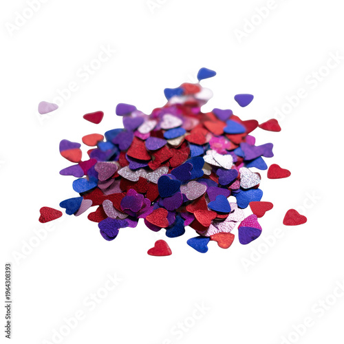 colorful heart-shaped confetti pieces isolated on transparent background