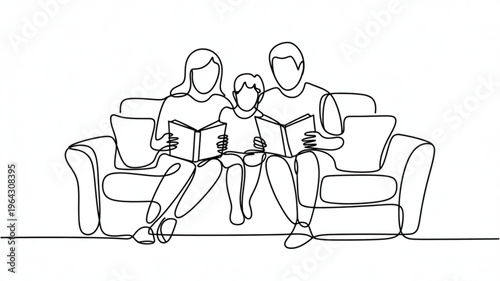 Continuous line drawing of a family reading books on a sofa representing education and quality time perfect for lifestyle and learning concepts