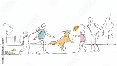 Family playing frisbee with dog in park continuous line art illustration for concept of outdoor activity and togetherness isolated on white