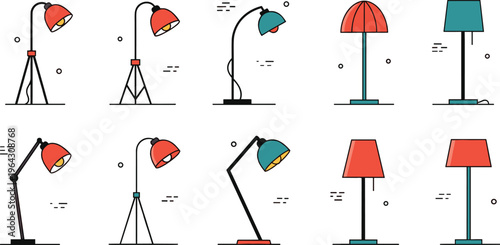 Modern table and floor lamp icons set with minimalist lighting fixtures home decor vector illustration isolated on white background