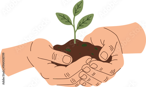 Human hands holding a handful of dark soil with a small green plant sprout growing to symbolize environmental protection concepts