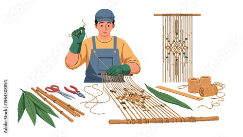 Craftsmanship in Cord: A focused artisan, adorned in work attire, delicately weaves and crafts a macrame wall hanging. The scene is brimming with crafting supplies and the rich detail of handmade art.