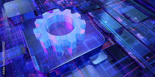 Tableau sur toile Blue gear icon on a digital circuit board: technical settings, system optimization, automated engineering
