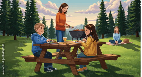 Happy family having outdoor barbecue picnic in pine forest with children eating at wooden table while mother grills food together