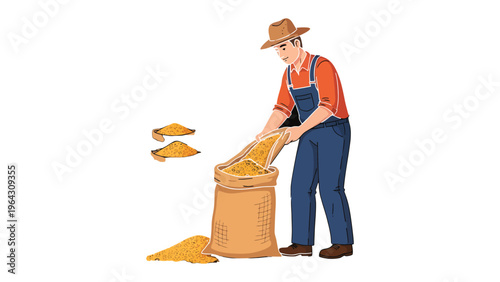 Harvesting Grain: A diligent farmer, clad in classic overalls and a straw hat, carefully pours a golden grain harvest into a sturdy sack, symbolizing the fruits of labor and the bounty of the land. 
