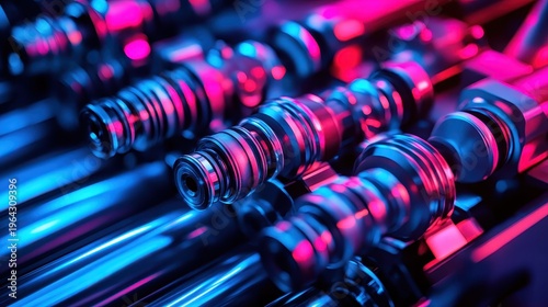 Intricate Offset Printing Press Machinery Components Illuminated with Vibrant Blue and Pink Lighting