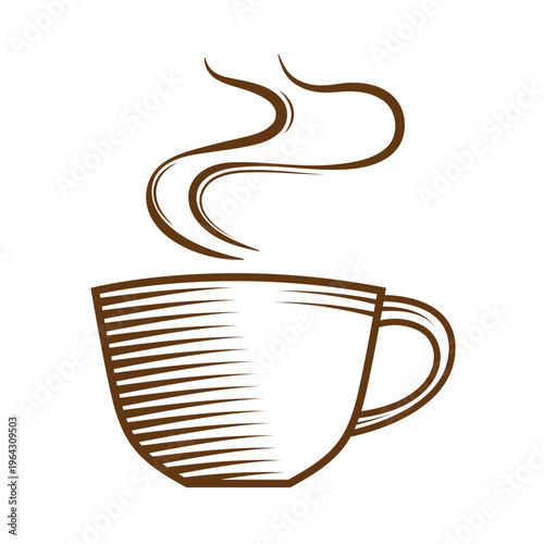 Hot coffee or tea brown cup with aroma steam logo design for coffee label, coffee shop, coffee house, tearoom, teahouse, tea shop.