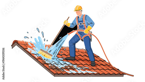 Rooftop Cleaning : A worker diligently cleans a rooftop with pressurized water and specialized equipment, maintaining the integrity of the structure.