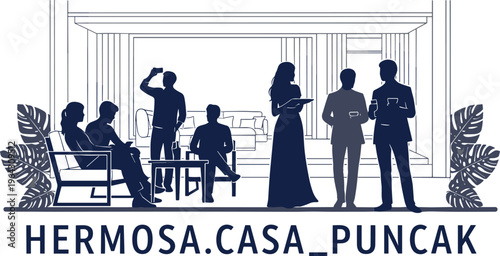 Luxury villa lifestyle illustration featuring people socializing at a modern home patio with elegant silhouettes for real estate and hospitality