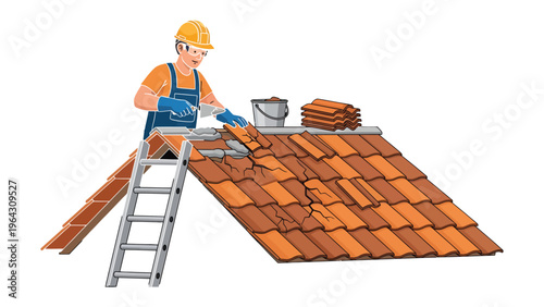 Roof Repair: A skilled worker wearing a safety hat diligently repairs a tiled roof, highlighting the process of restoration and craftsmanship.