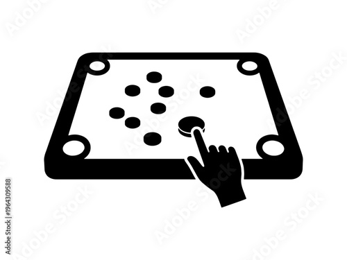 A minimalist flat black and white icon illustration showing a carrom board game with a hand interacting with a disc, suitable for sports and leisure design themes.