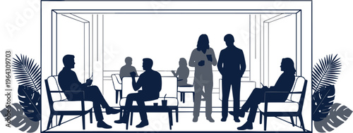 People socializing in a modern luxury patio lounge with silhouettes of men and women relaxing and talking for architectural branding