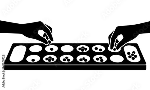 A minimalist black and white silhouette illustration of two players moving seeds on a traditional Mancala board, also known as Congkak or Dakon.
