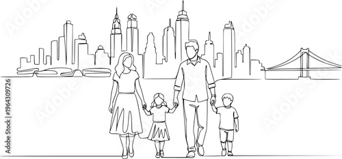 Family Walking Together Holding Hands Continuous Line Drawing Minimalist Hand Drawn Vector