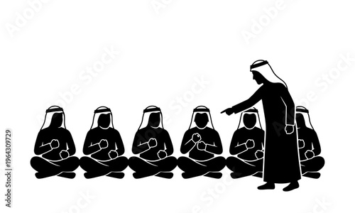 A vector illustration showing a traditional Mheibes game where a group of men in traditional clothing sit and hide a ring, while one person tries to guess who holds it.
