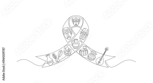 Artistic Ribbon with Cultural Symbols and Masks - Line Art
