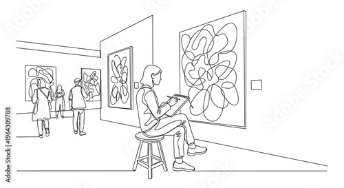 Artist sketching in a modern art gallery, observing abstract paintings on display