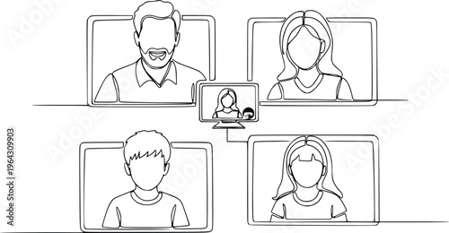 Family Video Call Online Meeting Continuous Line Hand Drawn Vector Illustration