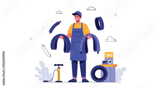Mechanic with Tire: A skilled mechanic, equipped with tools, stands ready to repair a tire. His focused expression and professional attire showcase a dedication to his craft.