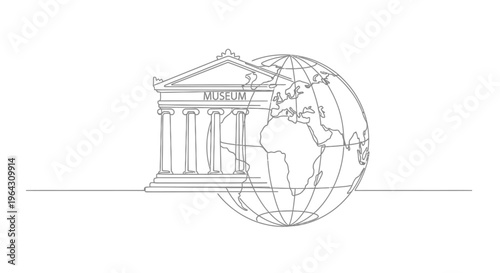Global Museum Icon: Continuous Line Art of Earth and Classical Building