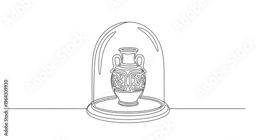 Ancient Amphora Under Glass Dome, Line Art Illustration
