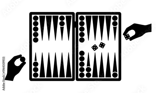 A minimalist vector graphic showing a backgammon board, also known as Tawleh, with hands moving pieces and rolling dice in a top-down view.