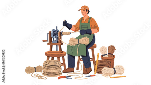 Artisan Crafting Ropes: An artisan meticulously works on a rope-making machine, demonstrating skill and dedication in traditional craft.