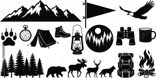Big collection of black vector outdoor camping and wilderness silhouette icons including mountains animals forest and hiking gear isolated on white background for adventure design