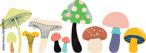 Mushroom Variety: An illustrative display of various unique mushrooms, capturing the essence of the forest floor, perfect for educational or decorative purposes.