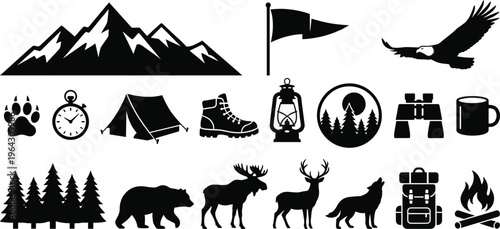 Big collection of black vector outdoor camping and wilderness silhouette icons including mountains wildlife forest and hiking gear isolated on white background for adventure design