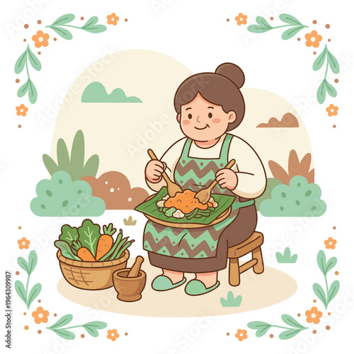 Indonesian Woman Preparing Traditional Dish with Vegetables