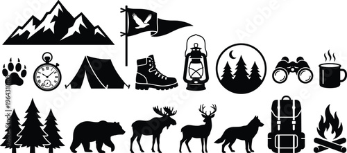Big collection of black vector outdoor camping and wilderness silhouette icons including mountains wildlife forest and hiking gear isolated on white background for adventure design