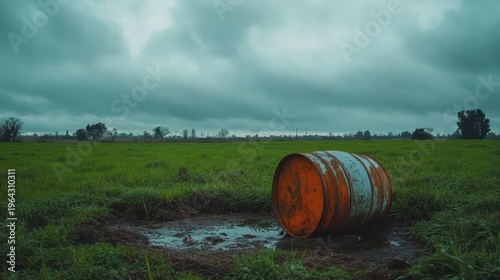Rusty industrial waste barrel leaking in an overcast rural field, symbolizing environmental contamination and hazardous neglect.