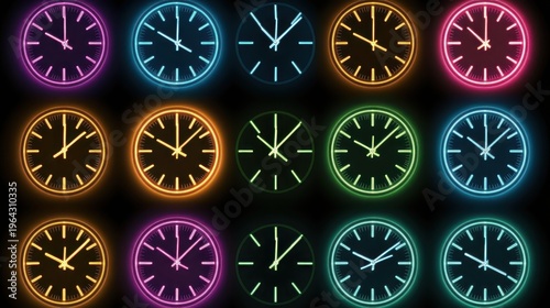 Nine vibrant neon clocks in various colors displaying different times against a dark background, symbolizing countdowns and modern timekeeping.