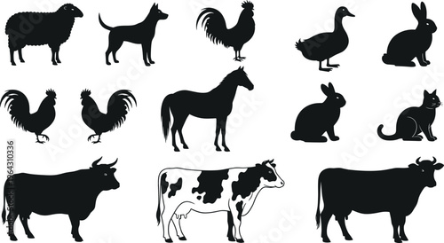 Black silhouette collection of various farm animals and domestic pets including cow horse sheep rooster duck rabbit dog and cat.