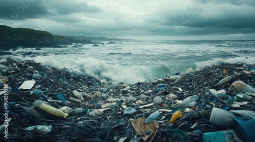 Ocean pollution with plastic waste littering a stormy coastline and waves crashing ashore, highlighting environmental impact.