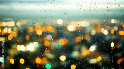 Raindrops on a window with blurred city lights in the background at night